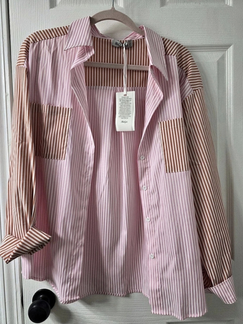 Grace Karin Colorblock Striped Button Down Shirt Pink & Orange Large
